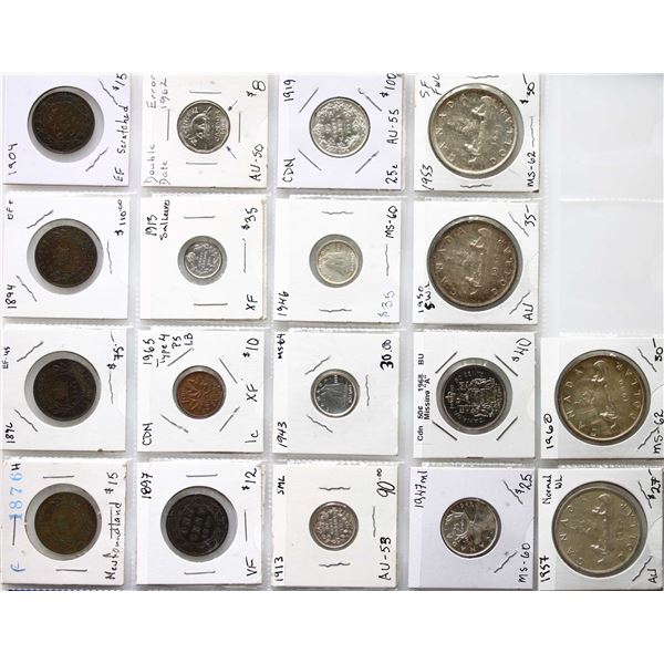Canada Coin Lot;  1876H 1¢ to 1965 T4(6), 1913 5¢ to 1960 $1(12).  Lot of 18 various circulated issu