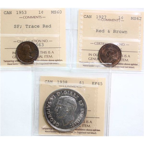 Coin Lot; 1927 1¢, 1953 "SF", 1938 $1, All 3 coins ICCS Choice Extra Fine-45 to Choice Mint State-62
