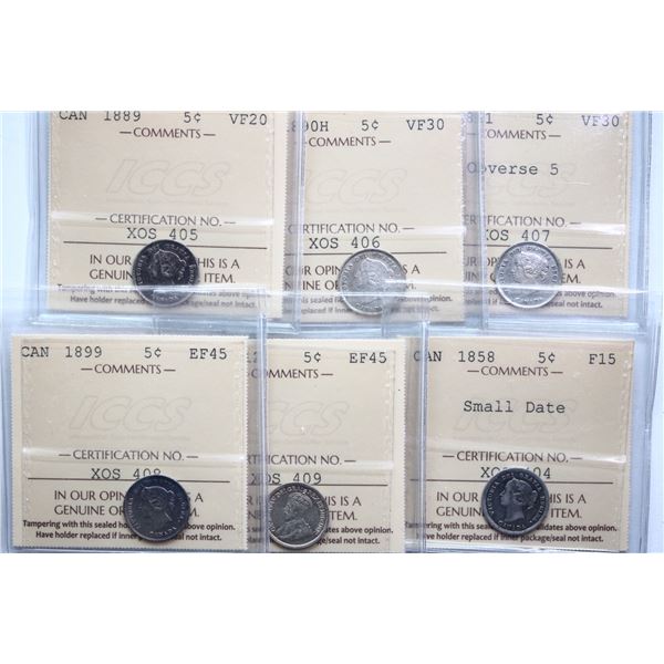 1858 5¢ "SD", 1889, 1890H, 1891 "OBV.5", 1899, 1912, 1913, 1917, 1918, 1919, 1920, All 11 coins ICCS