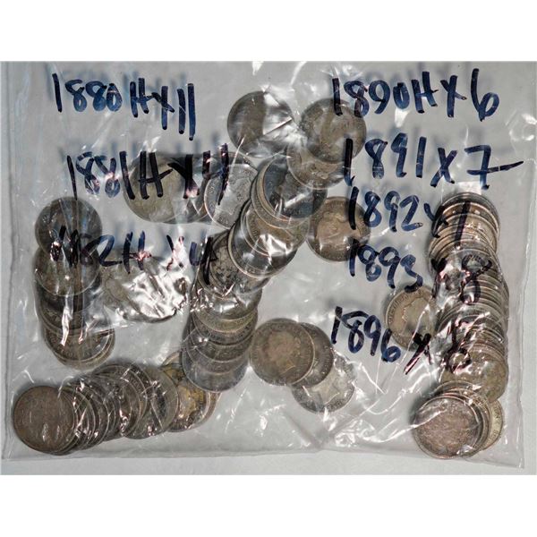 1858 5¢ X 2, 1870X 4, 1871 X 2, 1872H X 6, 1874H X 2, 1880h X 11, 1881H X 4, 1882H X 4, 1885 X 3, 18