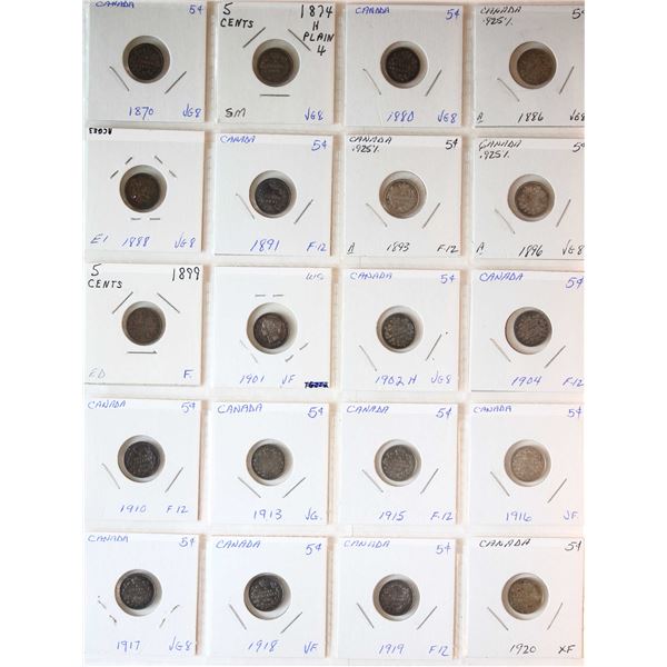 1870-1920 5¢, Good-6 to VF-20.  Lot of 20 coins.