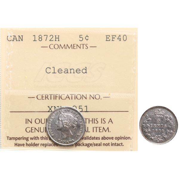 1872H 5¢ ICCS Extra Fine-40, cleaned.
