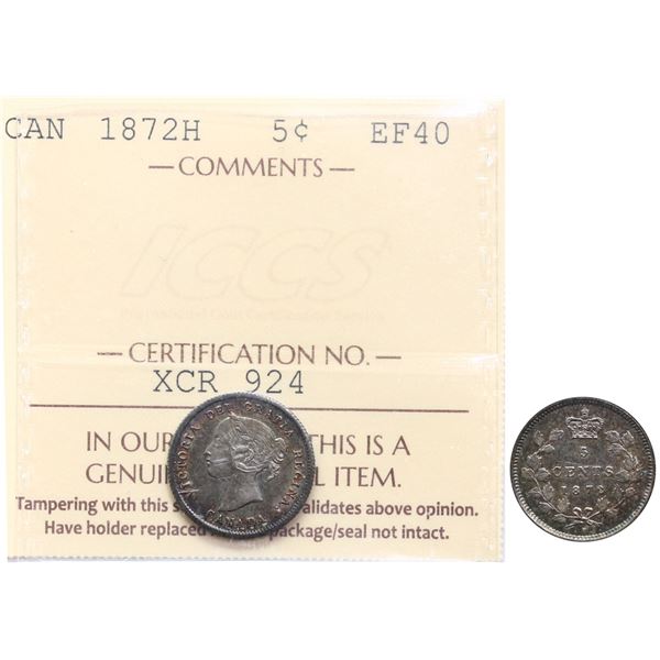 1872H 5¢ ICCS Extra Fine-40.  Old grey tints.