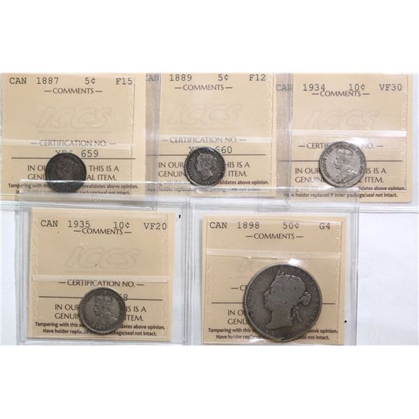 1887 5¢, 1889, 1934 10¢, 1935, 1898 50¢, All 5 coins ICCS Good-4 to Choice Very Fine-30.