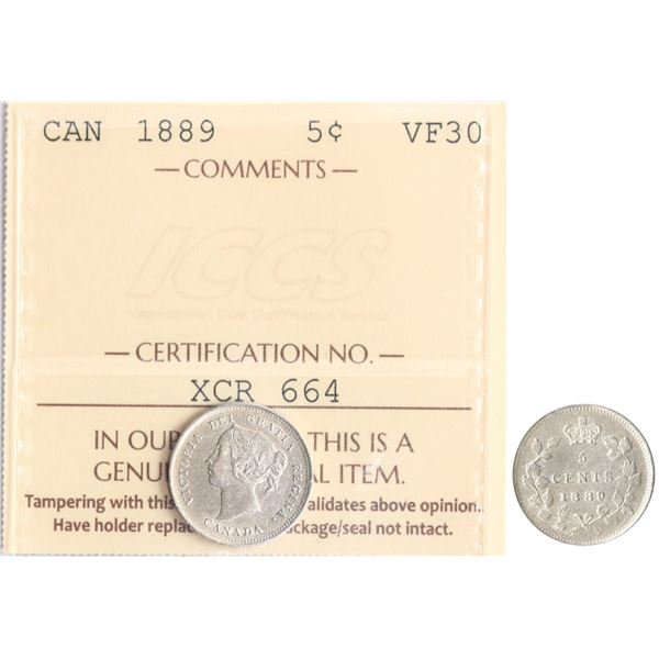 1889 5¢ ICCS Choice Very Fine-30.  Bright white issue.