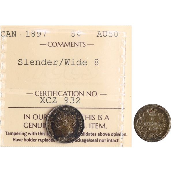 1897 5¢ Slender/Wide 8 ICCS About Uncirculated-50.