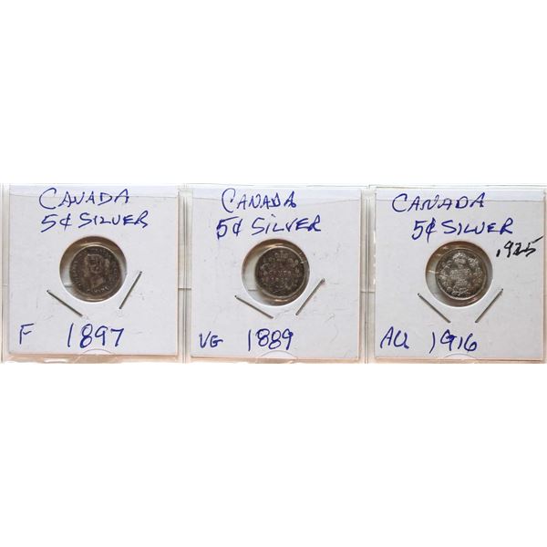 1897-1916 5¢, VG to VF+, Lot of 3 coins.