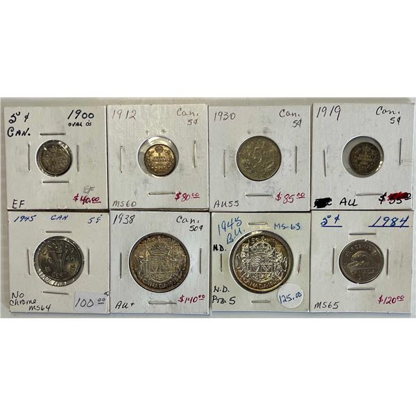 1900 5¢ "Oval O's", 1912, 1919, 1930, 1945, 1984, 1938 50¢, 1945 50¢, VF to Uncirculated.  Lot of 8 