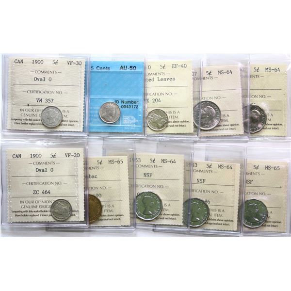 1900 5¢ Oval Very Fine-20, Choice Very Fine-30, 1902H Large H About Uncirculated-50, 1910 Ptd Lvs Ex