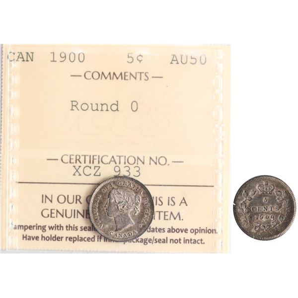 1900 5¢ Round 0 ICCS About Uncirculated-50.  Attractive perimeter lustre.