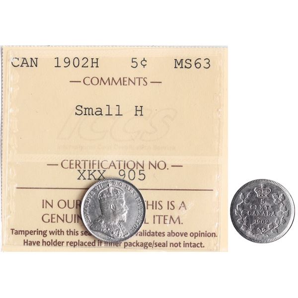 1902H 5¢ Sml H ICCS Choice Mint State-63.  Bright silver issue.