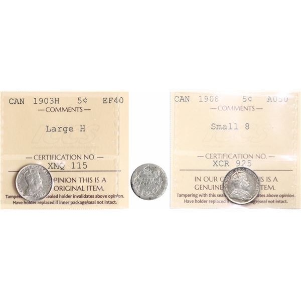1903H 5¢ Lg H Extra Fine-40 & 1908 Sml 8 About Uncirculated-50.  Lot of 2 ICCS Graded coins.