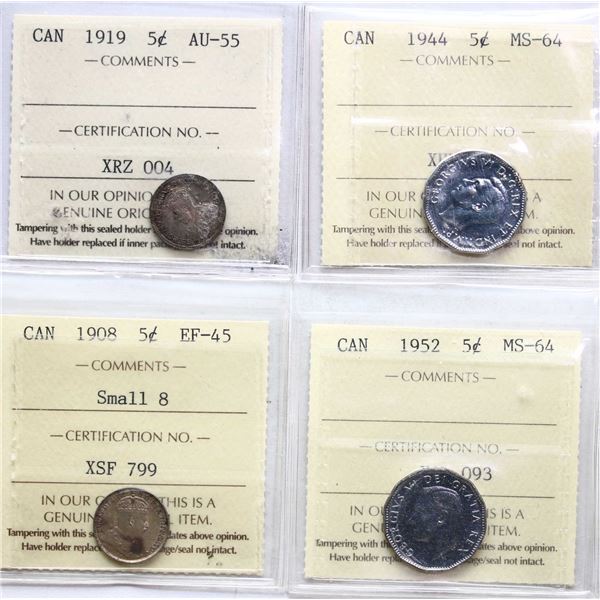 1908 5¢ "Small 8", 1919, 1944, 1952, All 4 coins ICCS Choice Extra Fine-45 to Very Choice Mint State