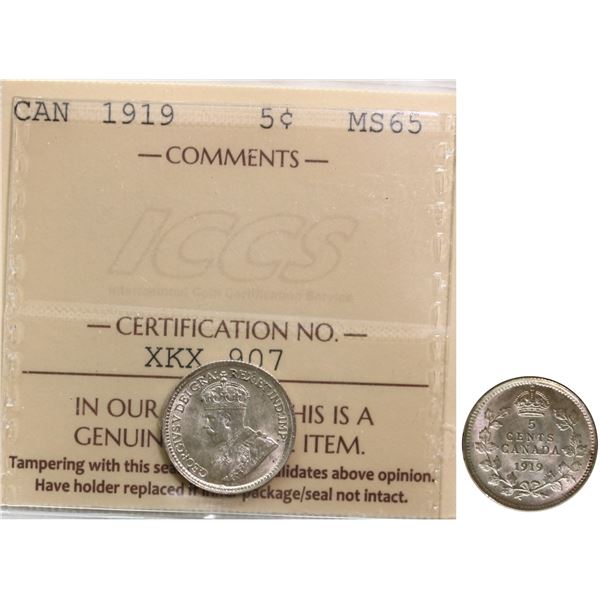 1919 5¢ ICCS Gem Mint State-65.  Gem full white issue.
