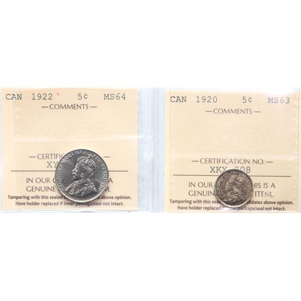 1920 5¢ Choice Mint State-63 & 1922 Very Choice Mint State-64.  Lot of 2 ICCS graded coins.