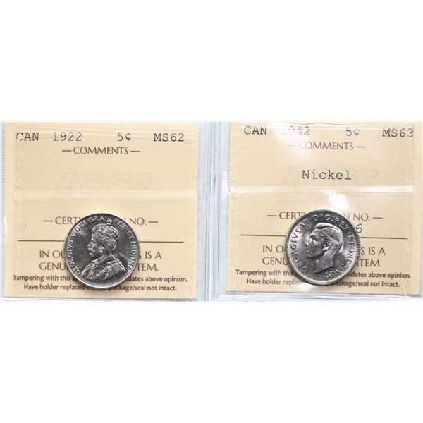 1922 5¢, 1942 Nickel, Both coins ICCS Choice Mint State-62 & Choice Mint State-63 respectively.