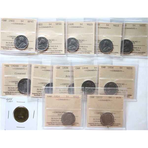 1922-1945 5¢ Lot of 11 ICCS graded coins Very Good-10-Choice Mint State-63, USA; 1926S 25¢ ICCS Fair