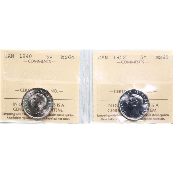 1940 5¢ Very Choice Mint State-64, 1952 5¢ Gem Mint State-65, Both coins ICCS graded.