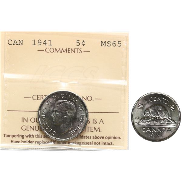 1941 5¢ ICCS Gem Mint State-65. Overall fantastic eye appeal, displaying fully lustrous and reflecti