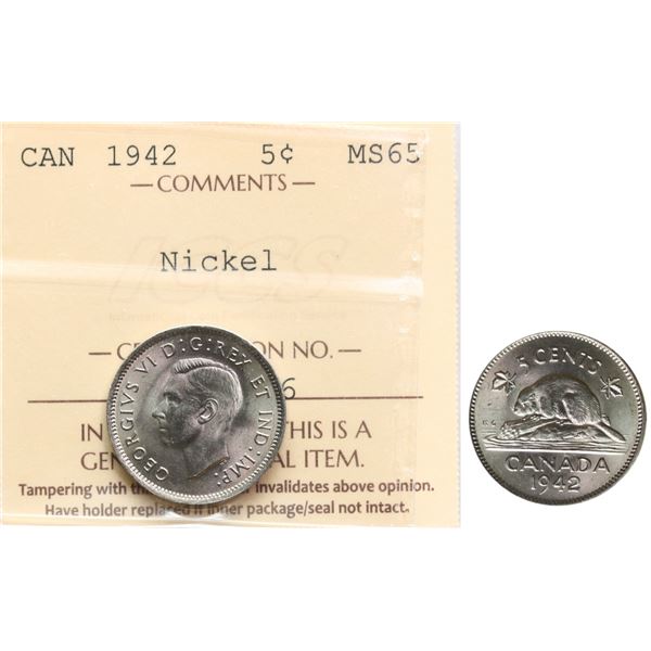 1942 5¢ ICCS Gem Mint State-65. Vivid lustrous appeal.