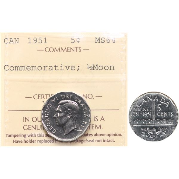 1951 5¢ ½ Moon ICCS Very Choice Mint State-64.  A high grade variety issue.