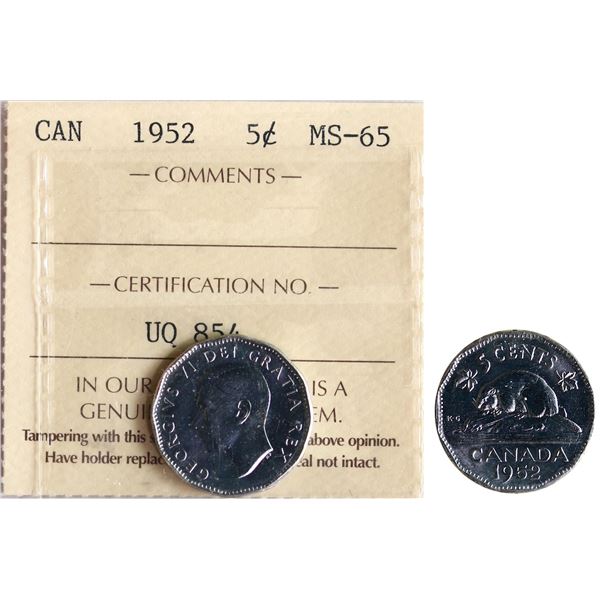 1952 5¢  ICCS Gem Mint State-65