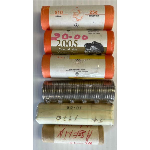 Rolls; 1967 5¢, 1970 5¢, 1970 10¢, 2005 25¢, 2006 25¢ "Cancer"(2), Lot of 6 rolls.
