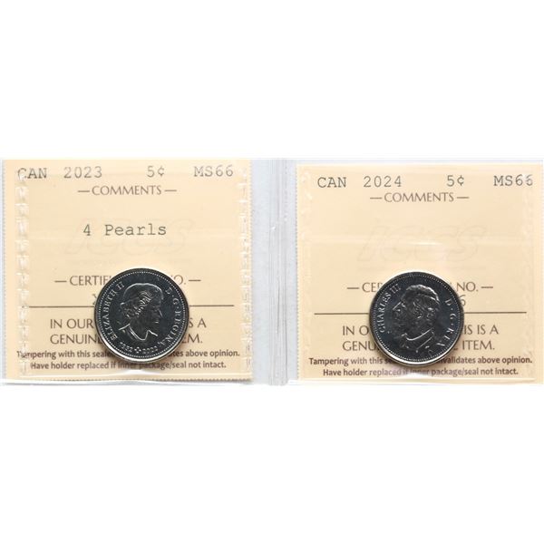 2023 5¢ "4 Pearls", 2024, Both coins ICCS Superb Gem Mint State-66