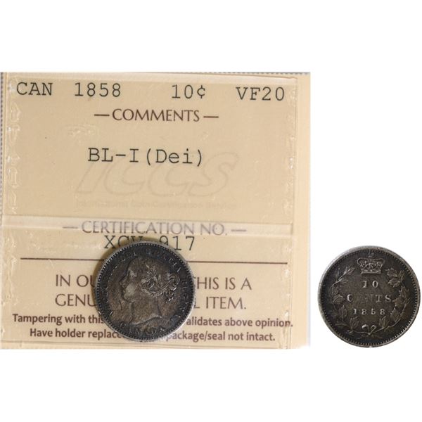 1858 10¢ "Blundered-I (Dei) ICCS Very Fine-20