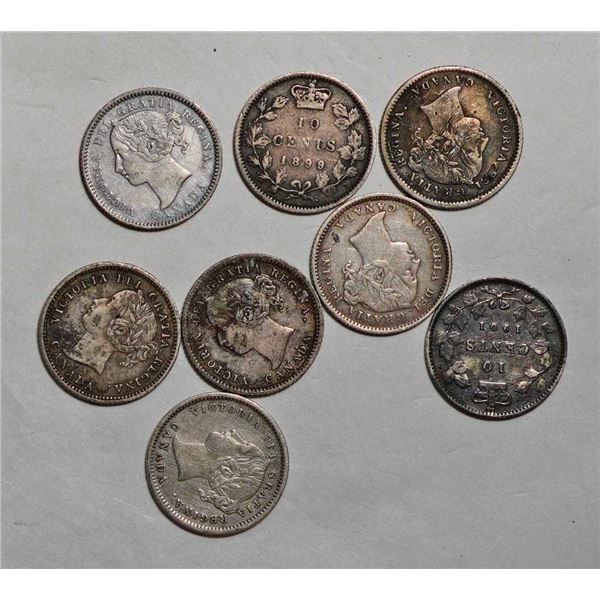 1870 10¢ Wide 0, 1871H X 2, 1874H, 1893 FT, 1896, 1899, and 1901, all VF or better, lot of 8 coins.