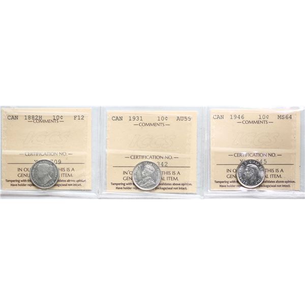 1882H 10¢ , 1931, 1946, All 3 coins ICCS Fine-12 to Very Choice Mint State-64