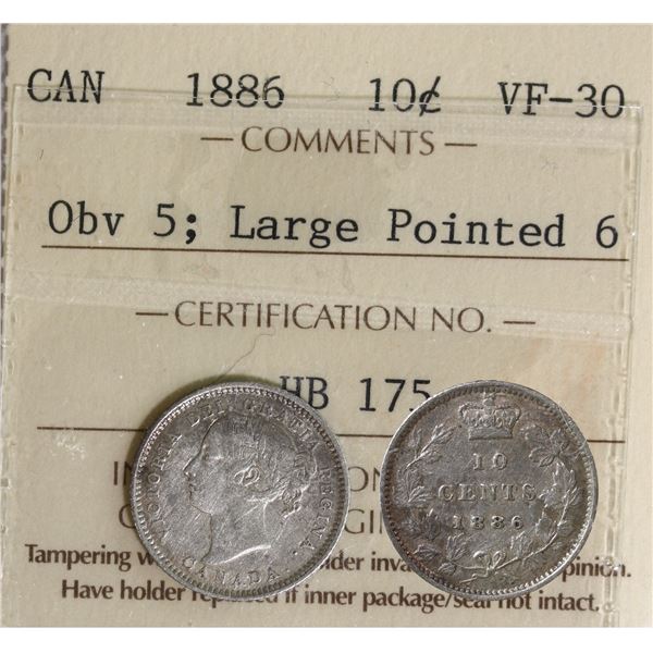 1886 10¢ "Lg pointed 6 - Obv.5 - " ICCS Choice Very Fine-30 Light toning with lustre throuhout.