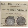 Image 1 : 1886 10¢ "Lg pointed 6 - Obv.5 - " ICCS Choice Very Fine-30 Light toning with lustre throuhout.
