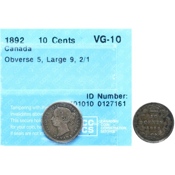 1892 10¢ Lg 9 2/1 Obv 5 CCCS Very Good-10.  Nice variety issue.