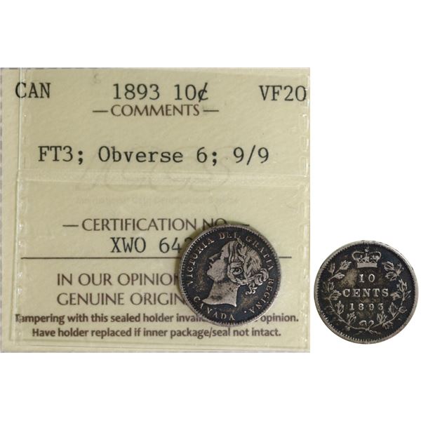 1893 10¢ "Obv.6 - FT3, 9/9 ICCS Very Fine-20.  Seldom seen and offered.
