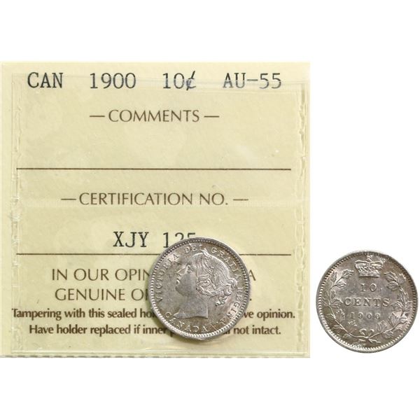 1900 10¢ ICCS Choice About Uncirculated-55 Lustrous example.