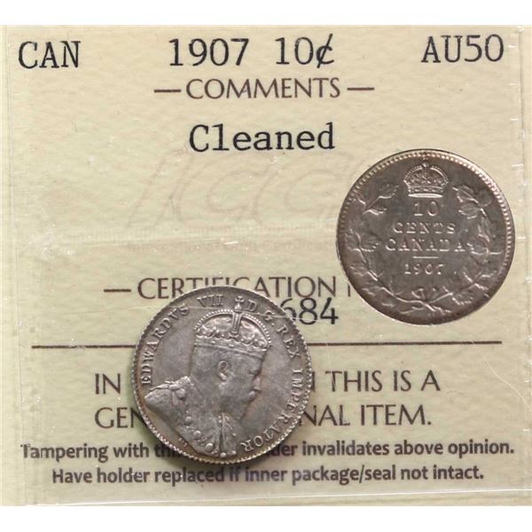 1907 10¢  ICCS About Uncirculated-50, Brilliant.  Cleaned.
