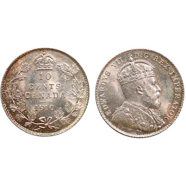 1910 10¢ Choice Mint State-62, delicate russet and golden tones over full underlying lustre.