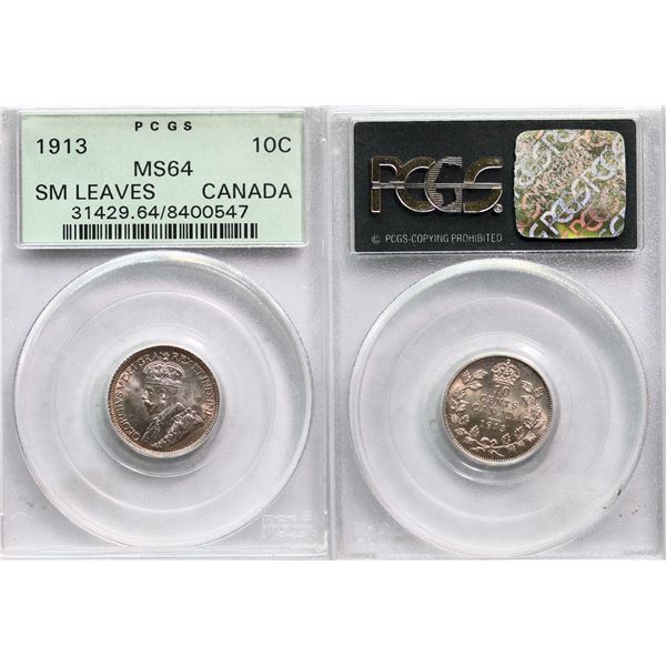 1913 10¢ "Small Leaves" PCGS Very Choice Mint State-64. Brilliant and lustrous with golden tone arou