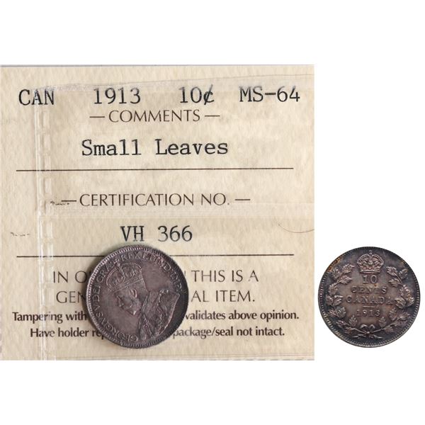 1913 10¢ "Small Leaves" ICCS Very Choice Mint State-64.  Intense silver and russet tones over full u