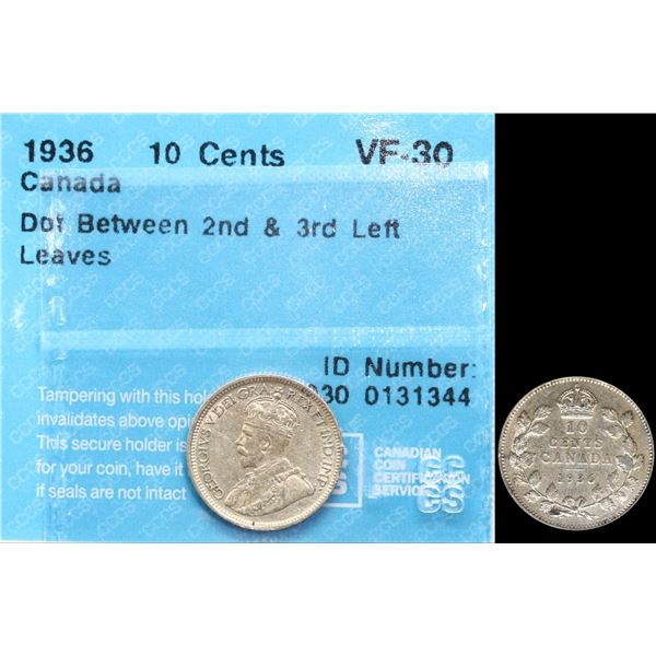 1936 10¢ CCCS Choice Very Fine-30.  Designate with Dot Between 2nd & 3rd left leaves (Poor Man's Dot