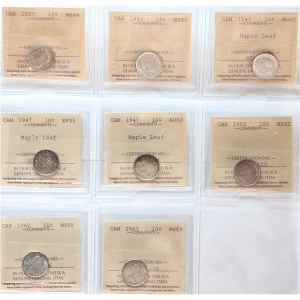 1937 10¢ , 1943, 1947 "ML" (3), 1950, 1962, 1963, All 8 coins ICCS Choice Extra Fine-45 to Gem Mint 