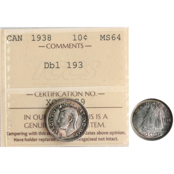 1938 10¢ "Dbl 193" ICCS Very Choice Mint State-64 Attractively toned.