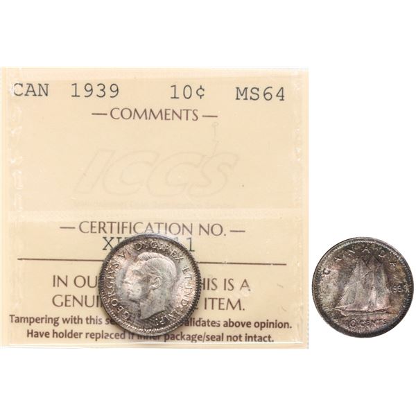 1939 10¢ ICCS Very Choice Mint State-64.  Attractive example with rustic tones.