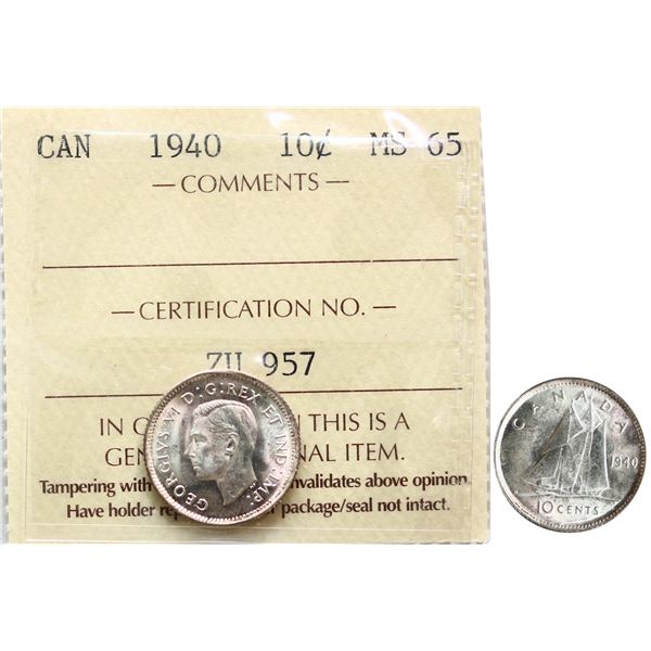 1940 10¢ ICCS Gem Mint State-65 Brilliant and lustrous with hint of russet tone around the rims.
