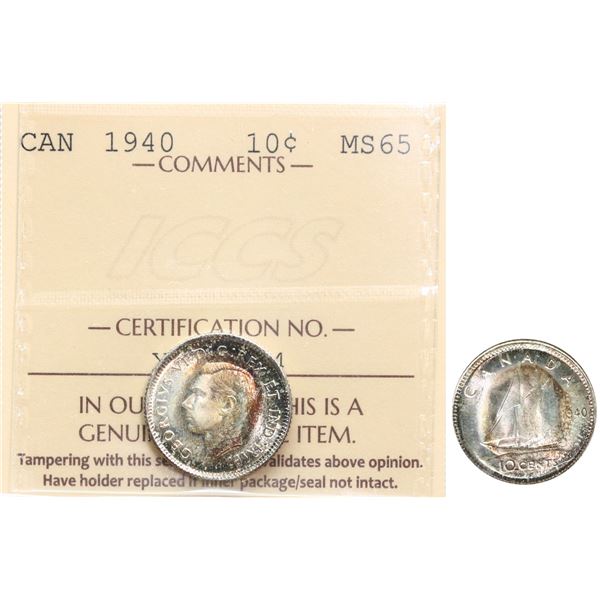 1940 10¢ ICCS Gem Mint State-65, Superbly toned.