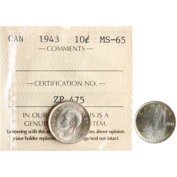 1943 10¢ ICCS Gem Mint State-65 Brilliant and lustrous with hint of golden tone.