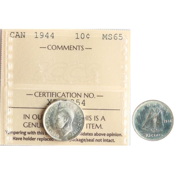 1944 10¢ ICCS Gem Mint State-65 Brilliant and lustrous with hint of golden tone.