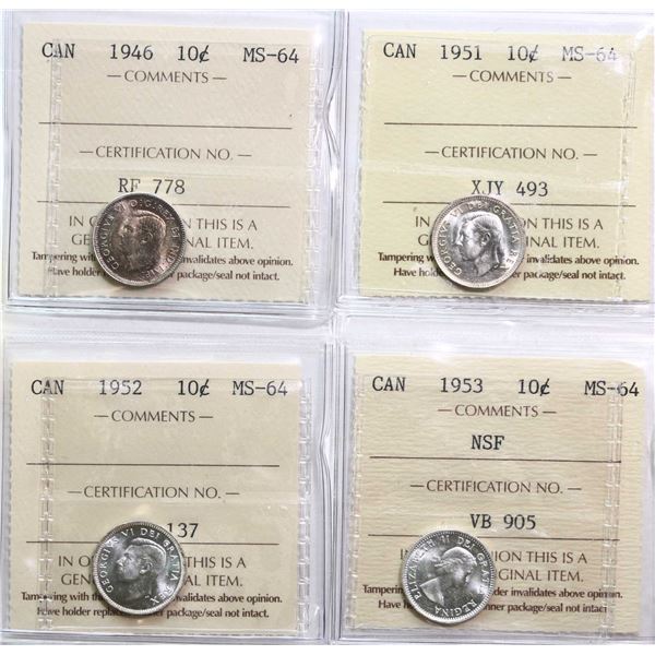 1946 10¢, 1951, 1952, 1953 "NSF" All 4 coins ICCS Very Choice Mint State-64