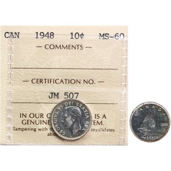 1948 10¢ ICCS Mint State-60 Brilliant and lustrous. "Two Letter certificate"